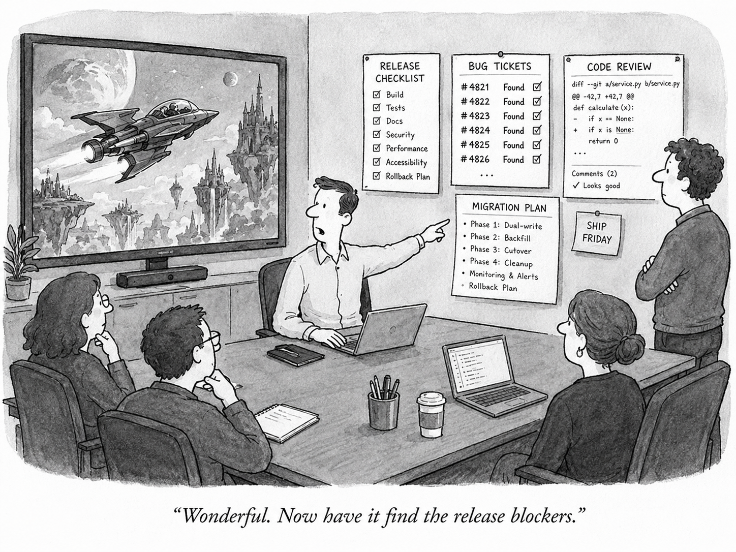 Cartoon: a team in a meeting room watches a Fable-generated spaceship demo on screen while the walls show a release checklist, bug tickets, a code-review diff, and a migration plan. The caption reads, "Wonderful. Now have it find the release blockers."