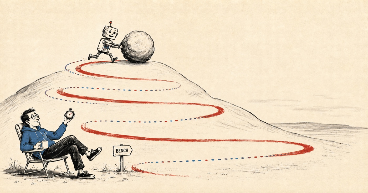 A cartoon robot cheerfully pushes a boulder up a spiral track on a hill, its earlier laps marked by dotted red and blue lines, while an engineer reclines in a lawn chair below, coffee in hand, timing the lap with a stopwatch beside a signpost reading BENCH.